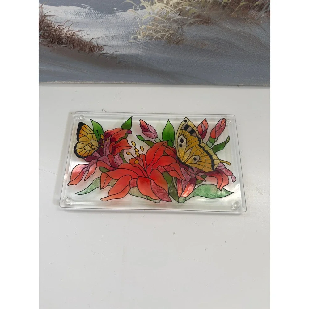 Hand Painted Glass Butterfly Lily Floral Tray Trivet Stained Glass Style 8x4